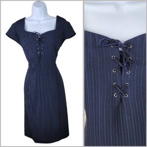 Vintage Sheath Suit Dress Size 8 Alt party Lace Up Navy Pin Stripe Career Goth